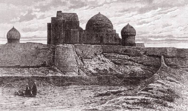 Hazret Yassavi's mosque. Turkestan. 1870th. A print of an engraving of Laplan from the drawing of Taylor representing Hodge Ahmad Yassavi's mausoleum in Turkestan (the southern Kazakhstan) illustrating N. Stremoukhov article "In Central Asia. From notes of the Russian traveler" in the NIVA magazine (1879, No. 25).