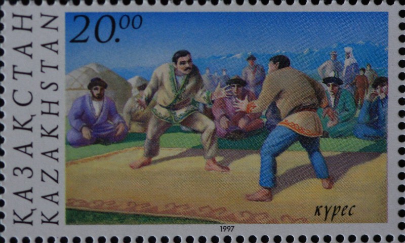 Stamp about kazakhsha kures - the Kazakh national wrestling.