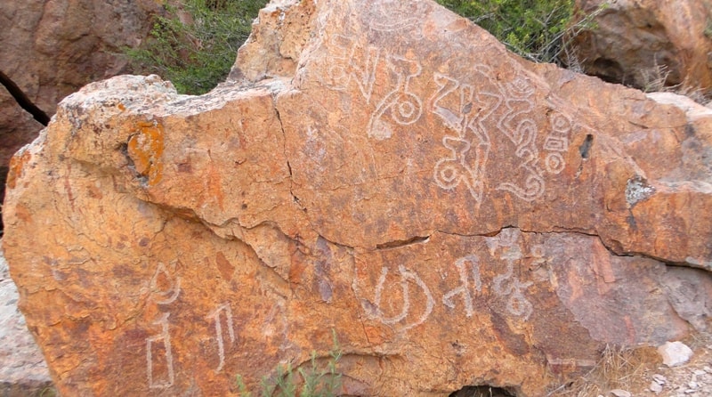 Buddhist inscriptions in valley Tamgaly-tas on river Ili.