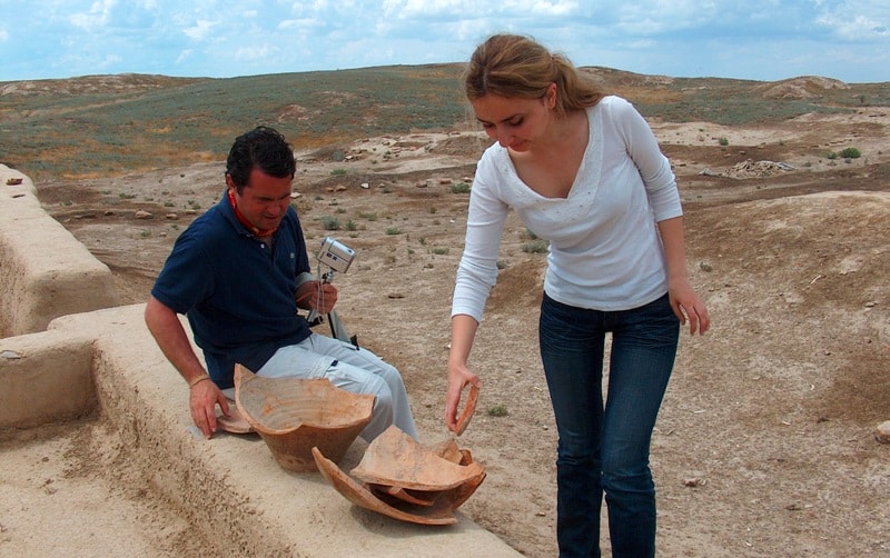 Tourists on archeological excavations on the ancient settlement Otrar.