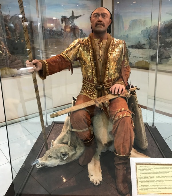 Reconstruction of a suit and weapon of the Sarmatian leader whose remains are found in 1999 in Araltobe Zhalyoyskiy Atyrayskoy's barrow of area. 2nd century BC. Scientific reconstruction: head of the West Kazakhstan expedition Zaynolla Samashev. Performer: restorer Kyry Altynbekov.