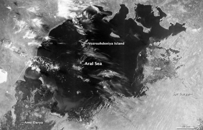 Снимок Аральского моря со спутника. Википедия.