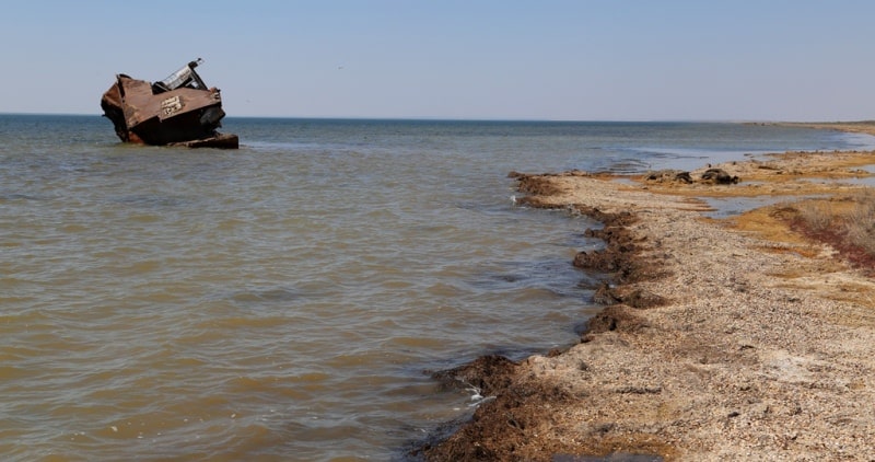 The second ship and environs on Small Aral Sea in the gulf Butakov.