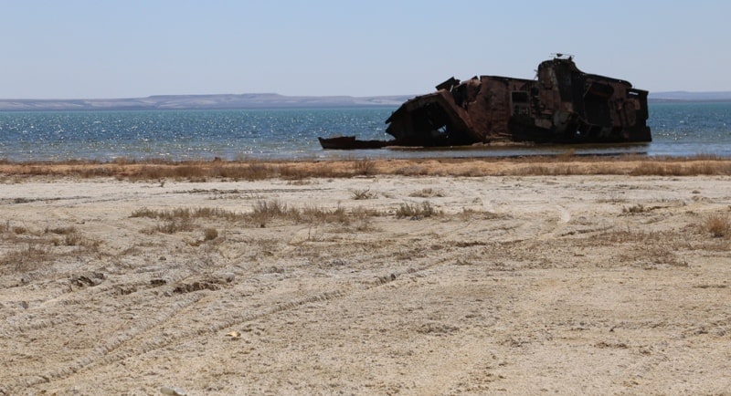 The second ship and environs on Small Aral Sea in the gulf Butakov.