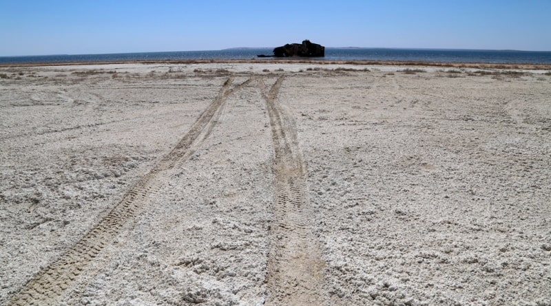 The second ship and environs on Small Aral Sea in the gulf Butakov.