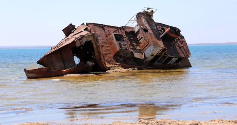 The second ship and environs on Small Aral Sea in the gulf Butakov.