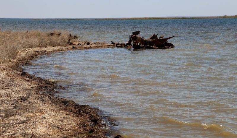 The second ship and environs on Small Aral Sea in the gulf Butakov.