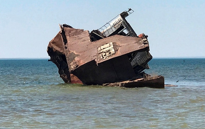 The second ship and environs on Small Aral Sea in the gulf Butakov.