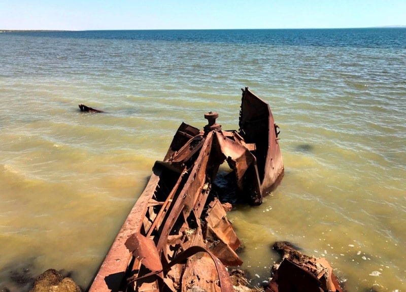 The third ship and environs on Small Aral Sea in the gulf Butakov.