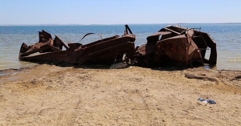 The third ship and environs on Small Aral Sea in the gulf Butakov.