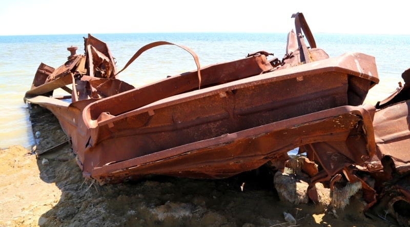 The third ship and environs on Small Aral Sea in the gulf Butakov.