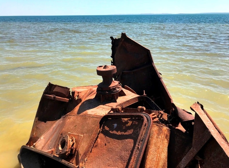 The third ship and environs on Small Aral Sea in the gulf Butakov.