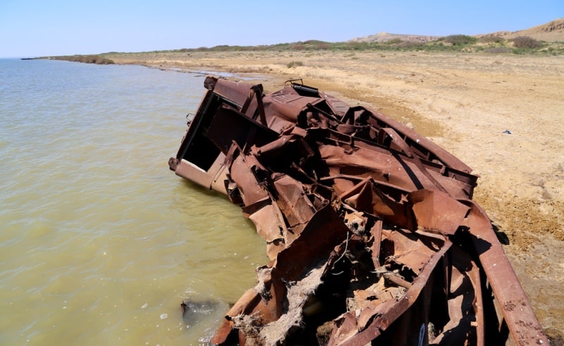 The third ship and environs on Small Aral Sea in the gulf Butakov.