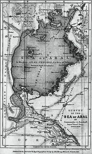 Карта Аральского моря составленная Алексеем Бутаковым по результатам исследовательской экспедиции с 1848 по 1849 годы.