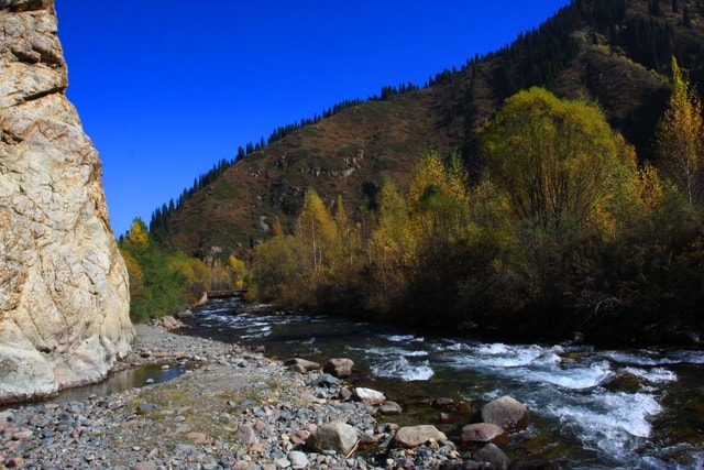 The River Issyk flows in picturesque gorge.
