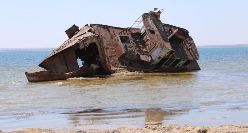 The second ship and environs on Small Aral Sea in the gulf Butakov.