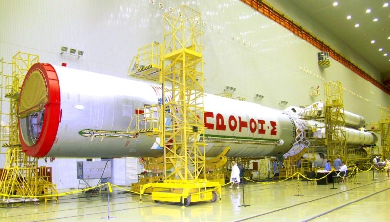 In an assembly and test complex "Union" at Baikonur Cosmodrome.