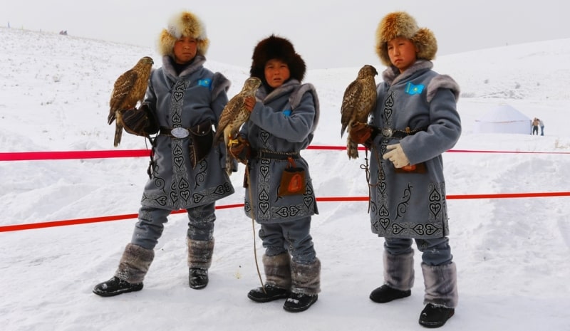 Demonstration hunting with falcon in Kazakhstan.