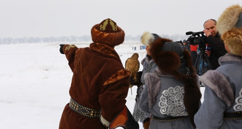 Demonstration hunting with falcon in Kazakhstan.