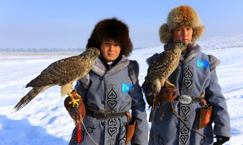  Показательная охота с соколом в Казахстане.