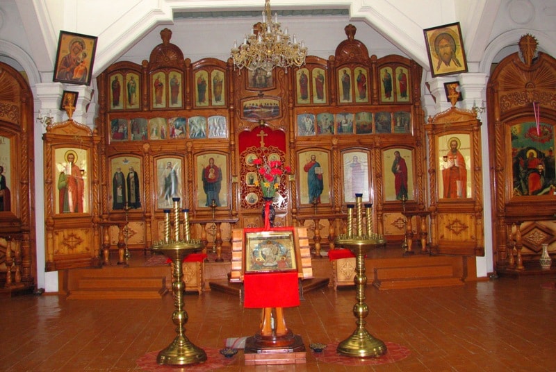 Iconostasis in a city orthodox temple of the town of Zharkent.