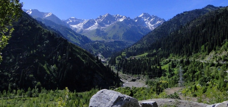 Panorama of peak of Abay from a dam in the Low-Almaty gorge.