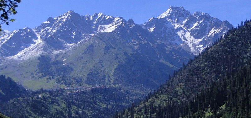 Panorama of peak of Abay from a dam in the Low-Almaty gorge.
