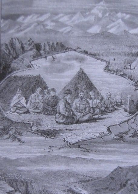 Mountain Khan-Tengri group. Kyrgyz of the Big Horde. A river Charyn exit from Zailiyskiy Alatau. An illustration from the first edition "Picturesque Russia".
