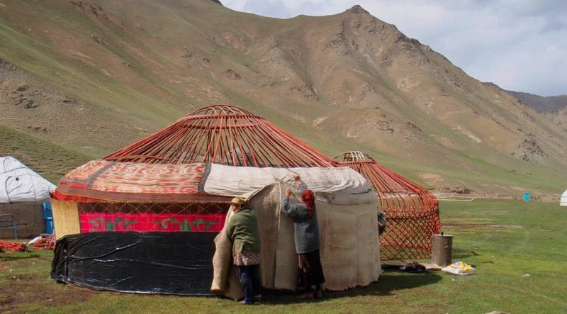 Установка юрты кыргызскими кочевниками.