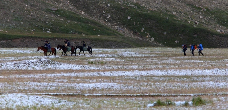 Туристы и пастухи в Кыргызстане.