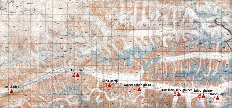 The scheme of a route on a glacier Spothern Inylchek.