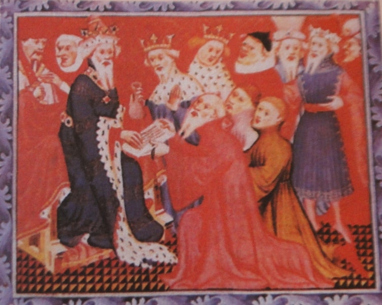 Марко Поло вручает Хубилаю письмо папы римского (средневековый рисунок).