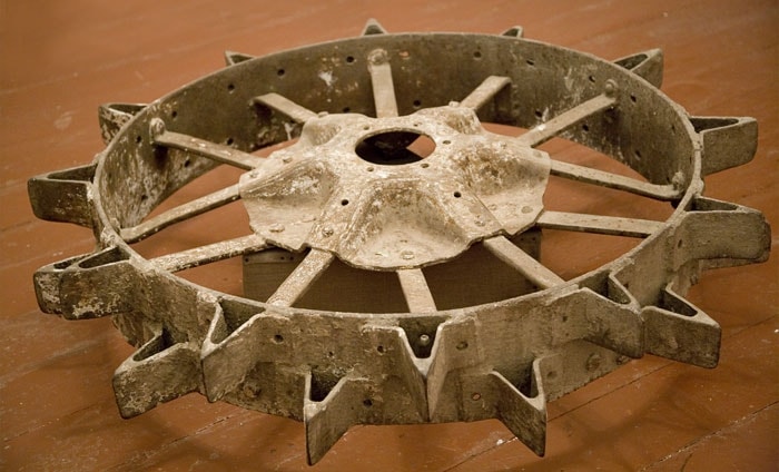 Wheel of the first tractor worked in the Kurga-Tobe of area.