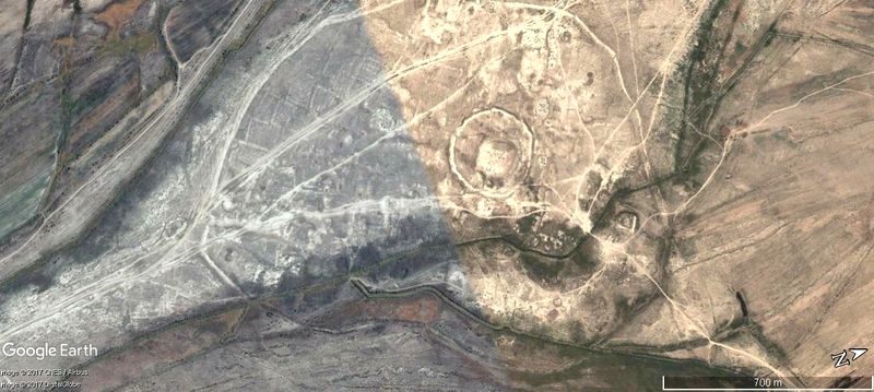 Space picture of a ribat (strengthening) of the ancient settlement Kufen (Chugundor-baba) from Google Earth.
