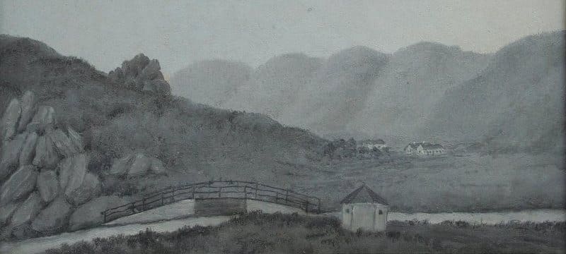 П. М. Кошаров. Вид моста на реке Коксе и Коксуйское поселение. 1857 г.