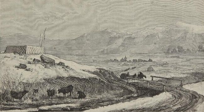Lyubovnaya Station (Keskelen). Issyk-Kul region. On the Chinese border. Drawing from life by N. Karazin; engraver: Klyuchevsky. Illustration for the article: Karazin N., "Sketches of Siberia. Semirechye Region. II. 'Keskelen' – the Cossack stanitsa 'Lyubovnaya'." Niva, 1875, No. 17, pp. 260-262.