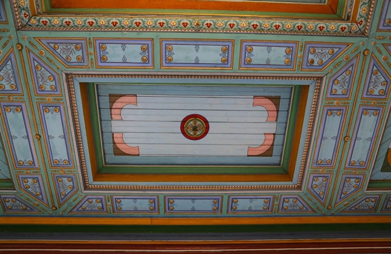 Nogai Ishan Mosque. Ceiling painting decorated with traditional wood carvings and paintings. 2024