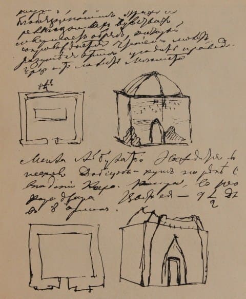 План и рисунок мавзолея Жубан ана и Айтбулата. Перо, 1862 год. Рисунок Ч. Валиханова.
