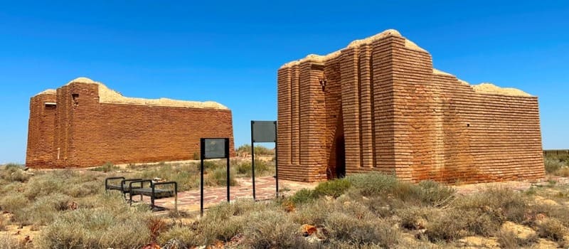 The Kulan Ana Mausoleum in the foreground and the following Bolgan Ana Mausoleum. 2023.