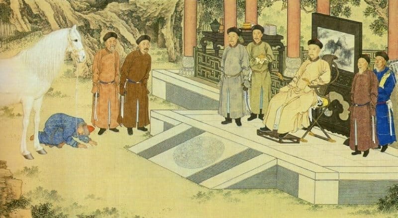 A Historical Moment depicts the Qianlong Emperor receiving Kyrgyz ambassadors. The painting depicts the presentation of gifts, symbolizing the recognition of the Chinese emperor's supremacy by neighboring nations. One of the ambassadors performs the kowtow ceremony (full prostration), expressing respect and submission. A white horse is presented to the emperor as a gift, a common practice under the imperial tribute system. The painting is believed to be the work of the Italian Jesuit artist Giuseppe Castiglioni, who served at the court of the Qianlong Emperor.