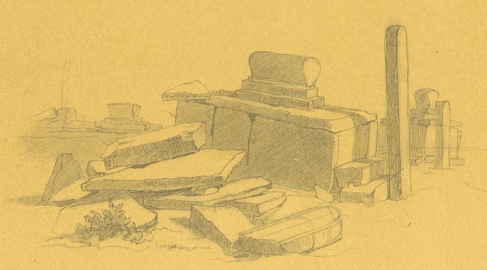 Tombstones in the Turkmen cemetery of Hanga Baba. 1851 - VII. 1857. Drawing by Taras Shevchenko.