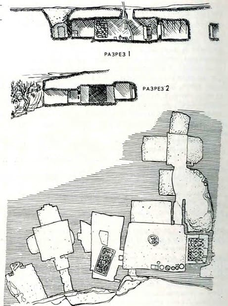Plan and sections of underground mosque Shopan ata. Mangyshlak. XII century. Measurement of 1973. Mendikulov M. M. "Monuments of Folk Architecture of Western Kazakhstan". Alma-Ata, Oner, 1987.