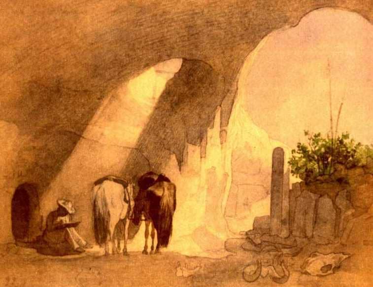 T.G. Shevchenko. "Dalismen-Mula-Aulye". Paper, watercolor (17.5 × 22.2 cm). (VII – 8.VIII 1851). Dalismen-Mula-Aulye, "grave of Saint Dalismen", is located in central part of Northern Ak-Tau. Bronislav Zaleski in explanatory text to etching from this drawing gives same description of grave as Shevchenko, noting that grave is located near Chirkala-Tau mountain (see album "La vie des steppes Kirghizes", Paris, 1865, p. 59).