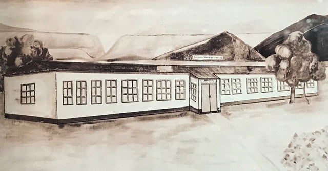 The first building of the Shakhty secondary school. Drawing from the school museum of the village of Taushyk.