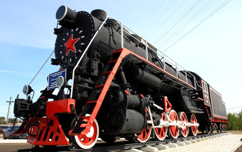 Steam locomotive in the city of Balkhash. Karaganda region.