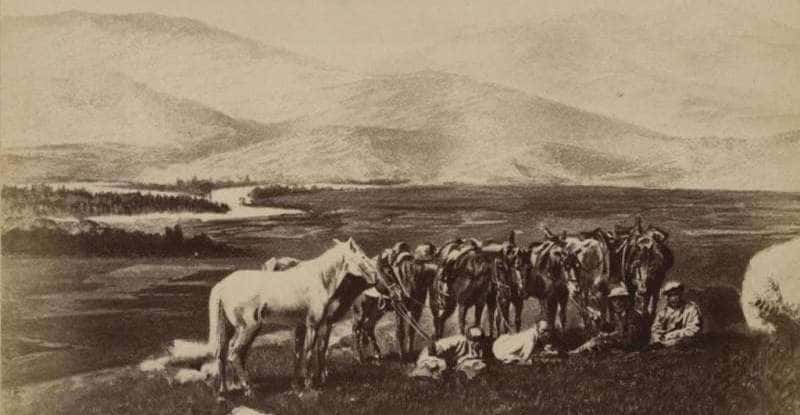 Вид реки Бухтармы с урочища Сартапсен. Фотография Л. К. Полторацкой. 1870-е годы.