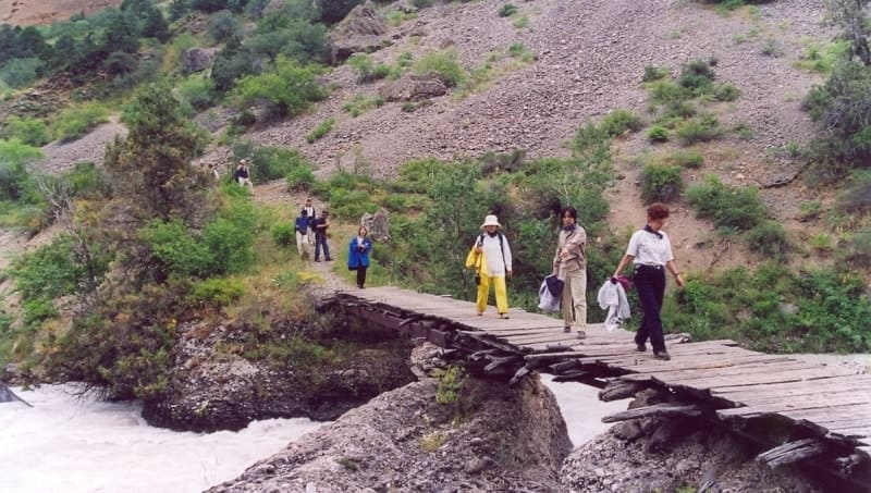 Old bridge over Aksu River in canyon of same name.