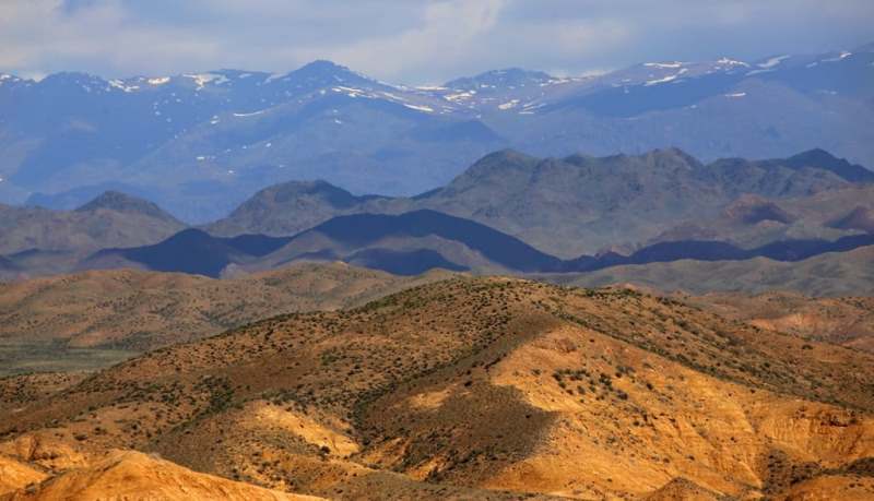 View of Altyn-Emel ridge through Eastern Aktau mountains.