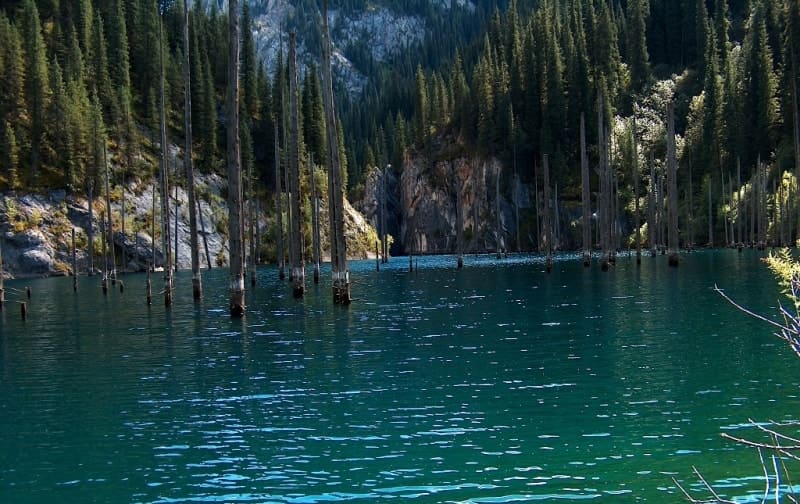 Rocky walls of the gorge and the deep blue depths of the lake create the impression of a hidden world where nature has stood still. Smooth "columns" of coniferous trees rise above the water's surface - a unique natural monument preserved since the lake's formation.