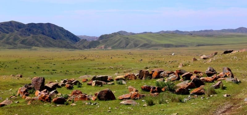 In Kaishy valley. Valley is located between Orta-Tau and Yrgayly mountains.Road from Saryozek-Koktal highway to village of Yenbek passes through valley.